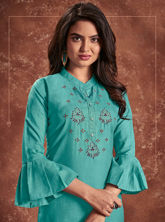 Cotton Embroidered Aqua Blue Party Wear Kurti