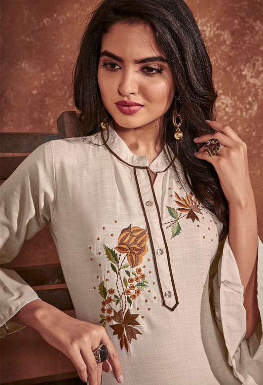 Cotton Embroidered Off White Party Wear Kurti