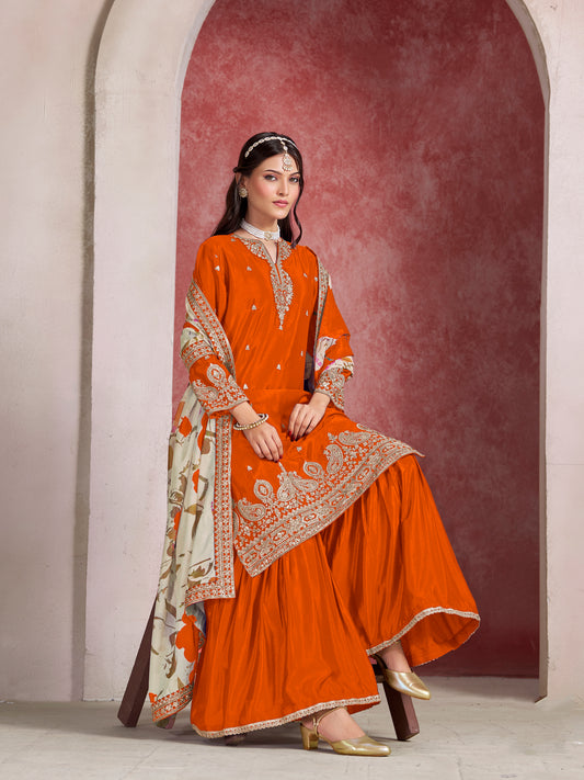 Chinon Silk Orange Embroidered Palazzo Readymade Salwar Suit