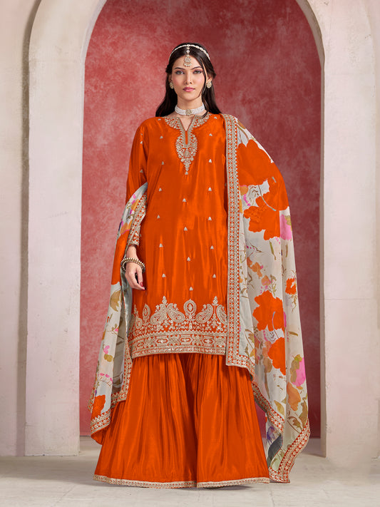Chinon Silk Orange Embroidered Palazzo Readymade Salwar Suit