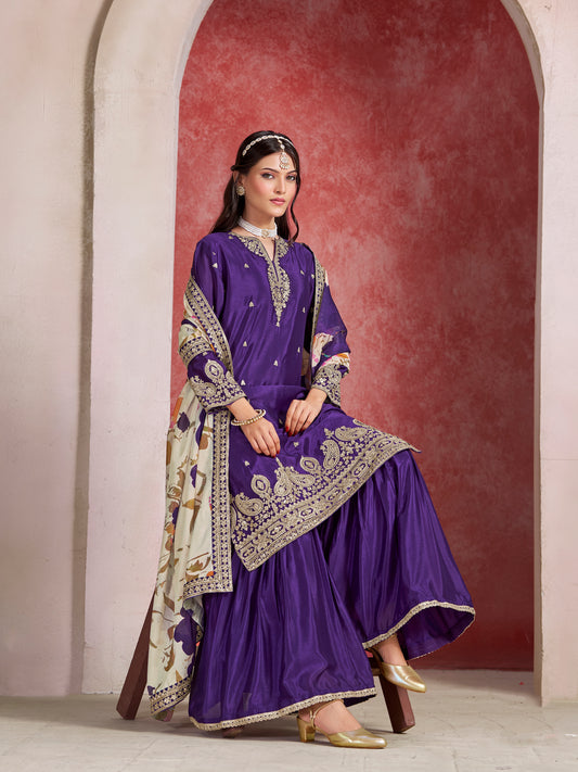 Chinon Silk Purple Embroidered Palazzo Readymade Salwar Suit