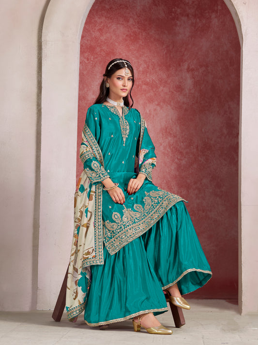 Chinon Silk Light Sea Green Embroidered Palazzo Readymade Salwar Suit