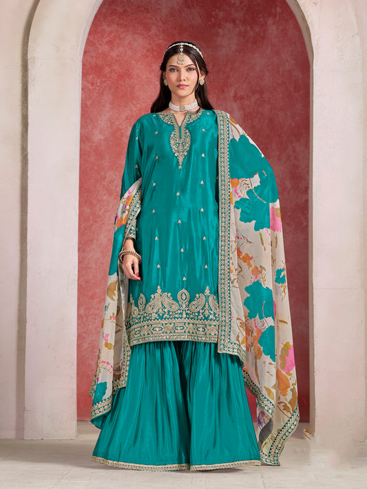 Chinon Silk Light Sea Green Embroidered Palazzo Readymade Salwar Suit