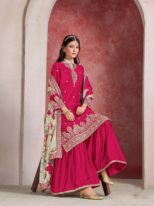 Chinon Silk Rani Pink Embroidered Palazzo Readymade Salwar Suit