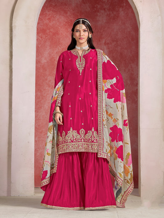 Chinon Silk Rani Pink Embroidered Palazzo Readymade Salwar Suit