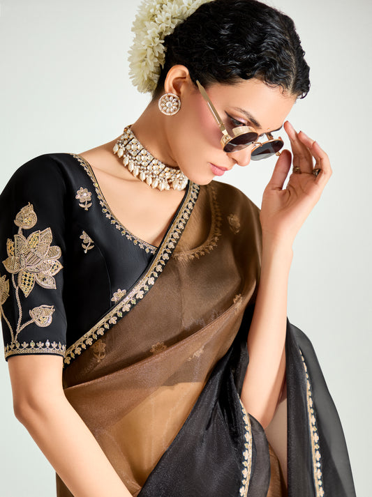Brown And Black Organza Tissue Sequins Embroidery Handwork Wedding Wear Saree