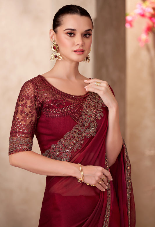 Chiffon silk Party wear Saree Maroon Color With Embroidery Work