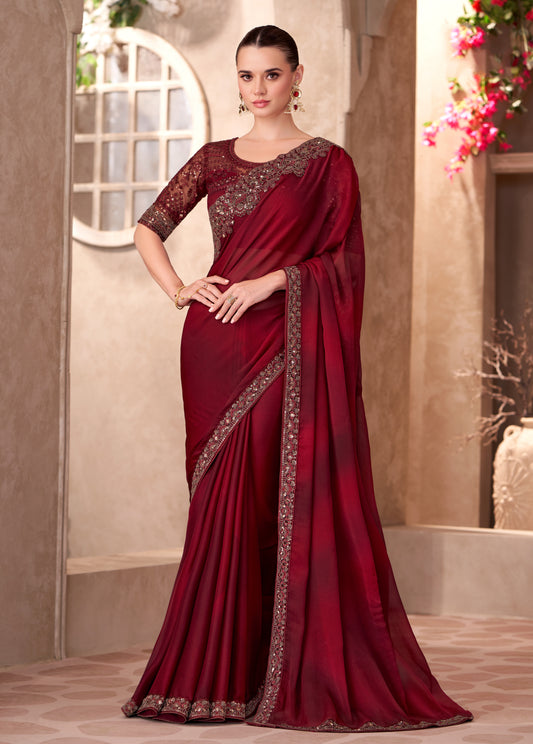 Chiffon silk Party wear Saree Maroon Color With Embroidery Work