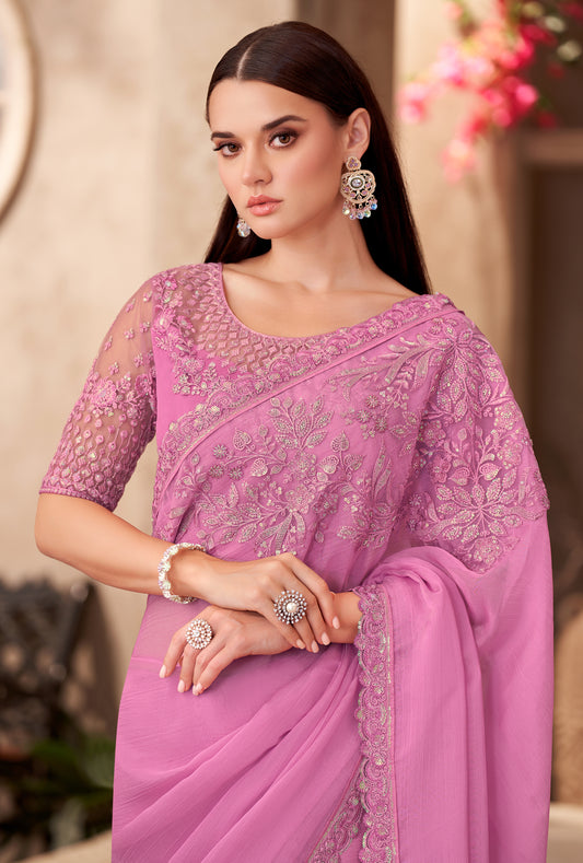 Chiffon silk Party wear Saree Pink Color With Embroidery Work