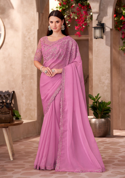 Chiffon silk Party wear Saree Pink Color With Embroidery Work