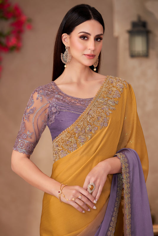 Chiffon silk Party wear Saree Mustard & Lavender Purple With Embroidery Work