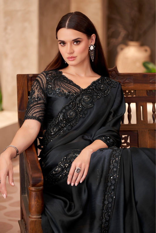 Chiffon silk Party wear Saree Black Color With Embroidery Work
