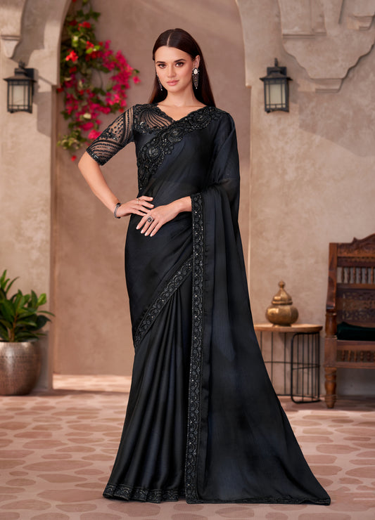 Chiffon silk Party wear Saree Black Color With Embroidery Work