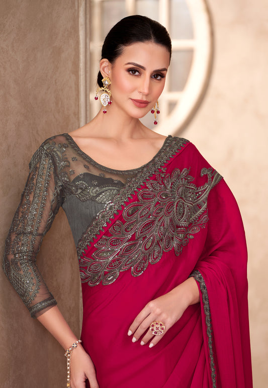 Chiffon silk Party wear Saree Raspberry Color With Embroidery Work
