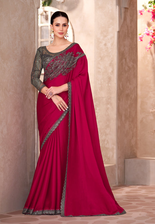 Chiffon silk Party wear Saree Raspberry Color With Embroidery Work