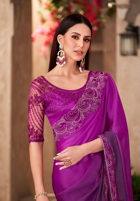 Chiffon silk Party wear Saree Magenta Purple Color With Embroidery Work
