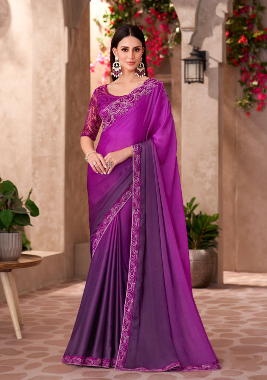 Chiffon silk Party wear Saree Magenta Purple Color With Embroidery Work