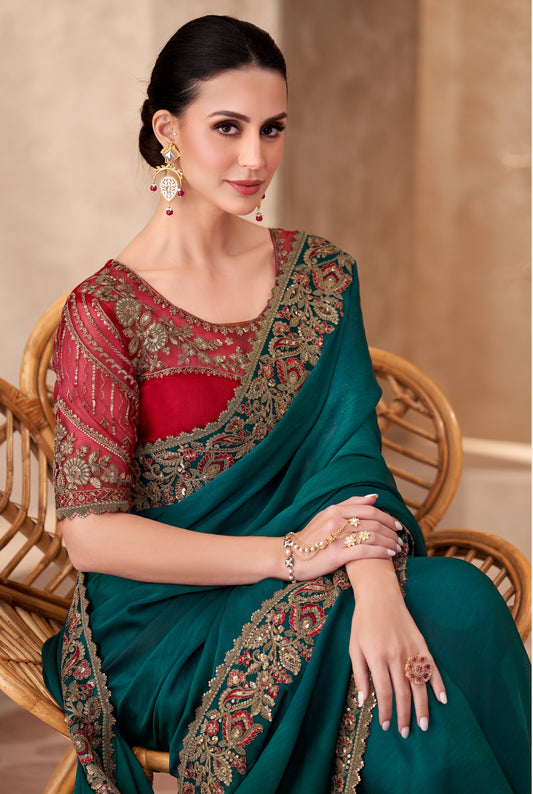 Chiffon silk Party wear Saree Teal Green Color With Embroidery Work