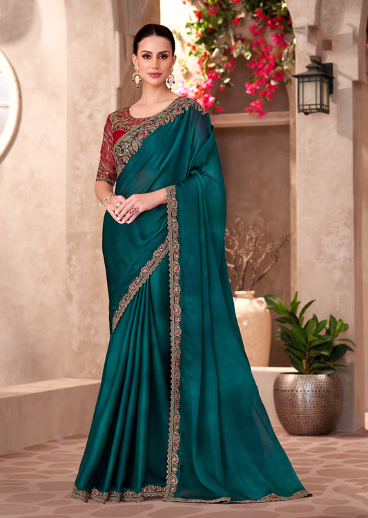 Chiffon silk Party wear Saree Teal Green Color With Embroidery Work