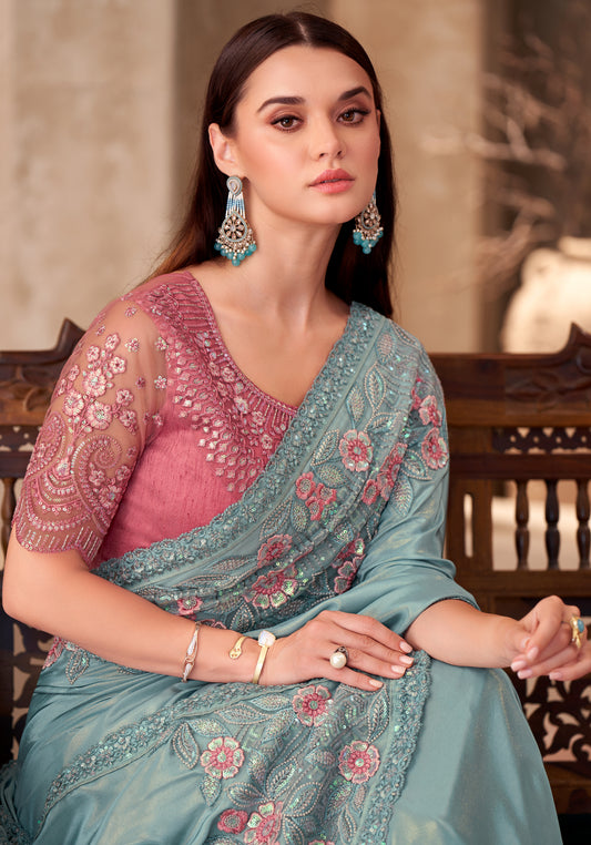 Chiffon Simmer silk Party wear Saree Sky Blue Color With Embroidery Work