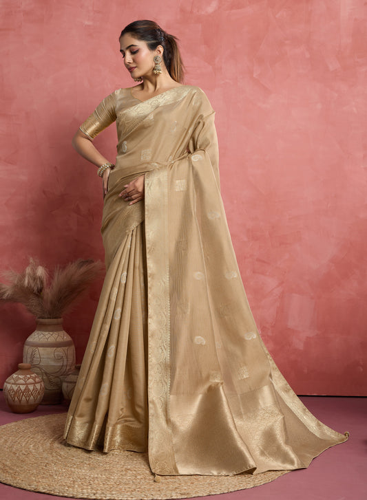 Beige Soft Silk Weaving Ceremonial Classic Saree