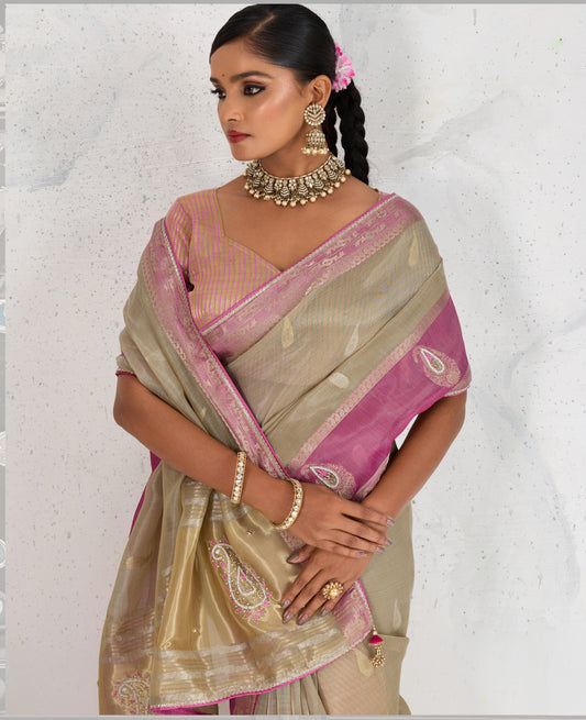 Charming Chiku Soft Tissue Linen Saree With Pretty Blouse Piece