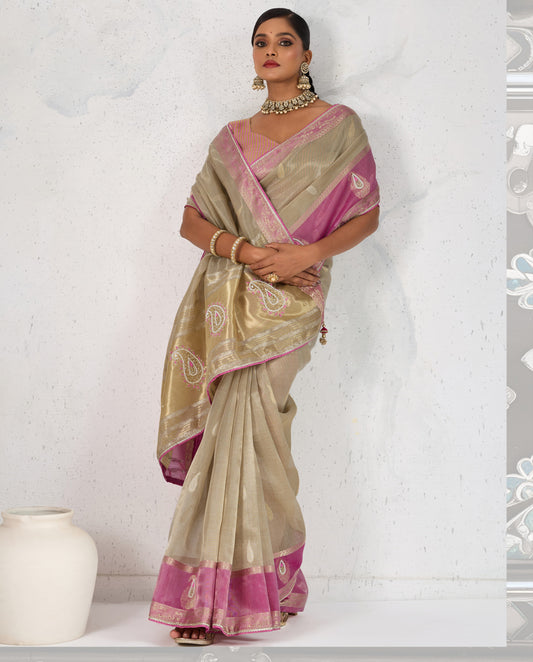 Charming Chiku Soft Tissue Linen Saree With Pretty Blouse Piece