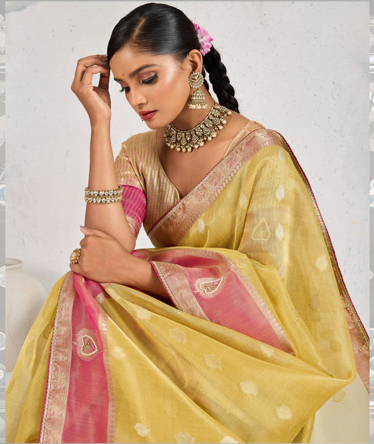 Charming Yellow Soft Tissue Linen Saree With Pretty Blouse Piece