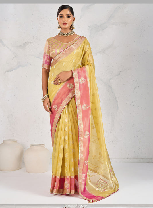 Charming Yellow Soft Tissue Linen Saree With Pretty Blouse Piece