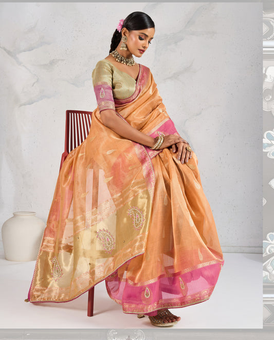 Charming Light Orange Soft Tissue Linen Saree With Pretty Blouse Piece