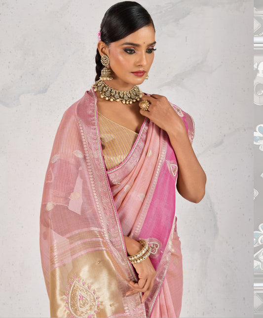 Charming Light Pink Soft Tissue Linen Saree With Pretty Blouse Piece
