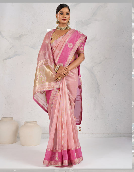 Charming Light Pink Soft Tissue Linen Saree With Pretty Blouse Piece