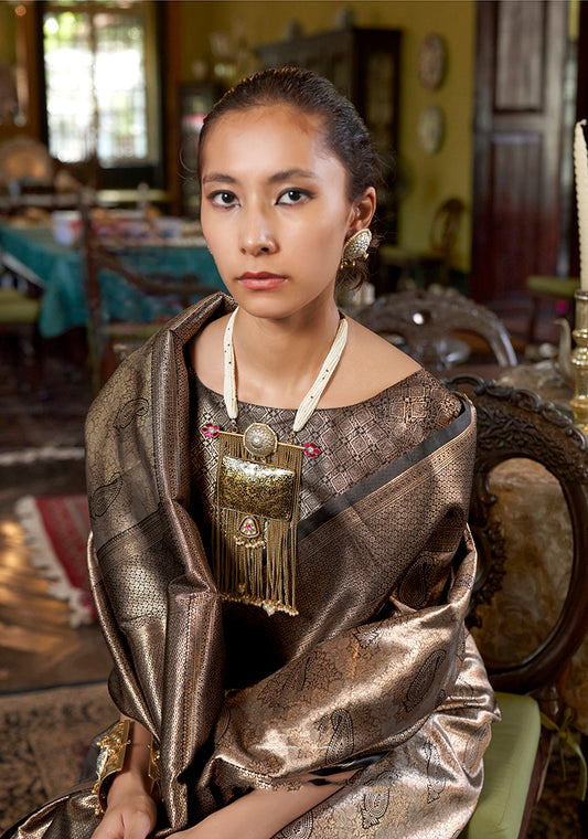 Dark Brown Kanjivaram Silk Blend Woven Classic Saree