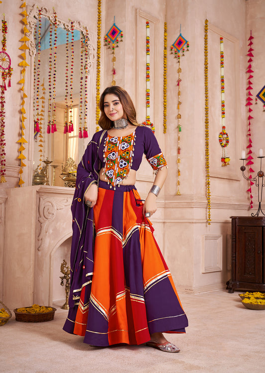 Colorful Viscose Cotton Navratri Lehenga with Thread, Mirror & Kodi Work