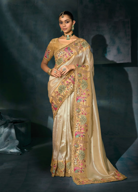 Cream Color Silk Blend Beautifull Border Saree With Cutdana Moti and Mirror Heavy Work