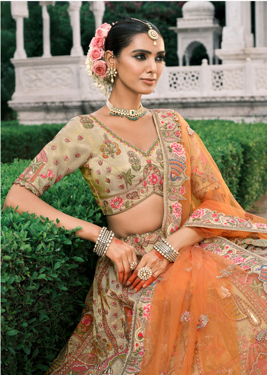 Cream Silk Bridal Lehenga With Sequins And Moti Work