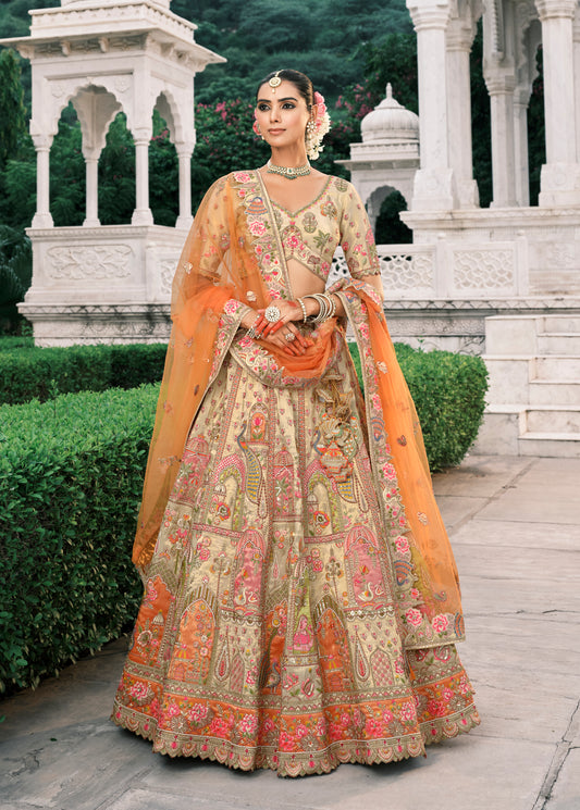 Cream Silk Bridal Lehenga With Sequins And Moti Work