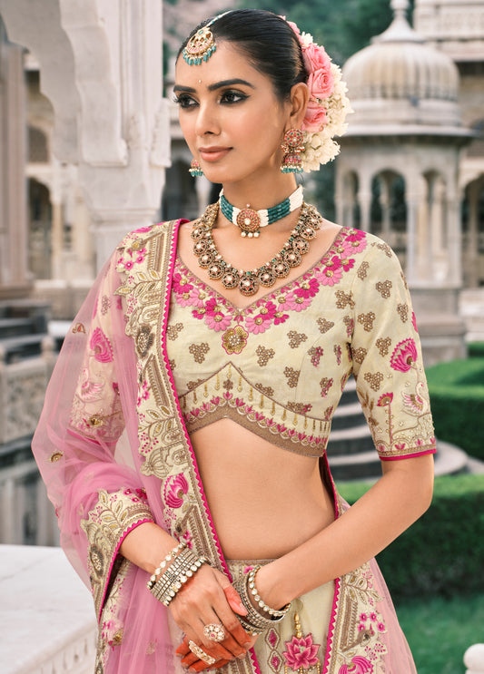 Cream Silk Bridal Lehenga With Sequins Embroidery And Stone Work