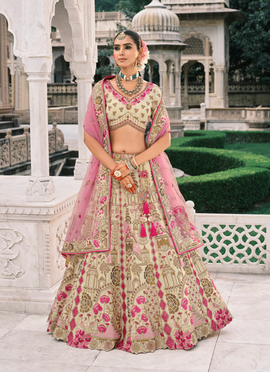 Cream Silk Bridal Lehenga With Sequins Embroidery And Stone Work