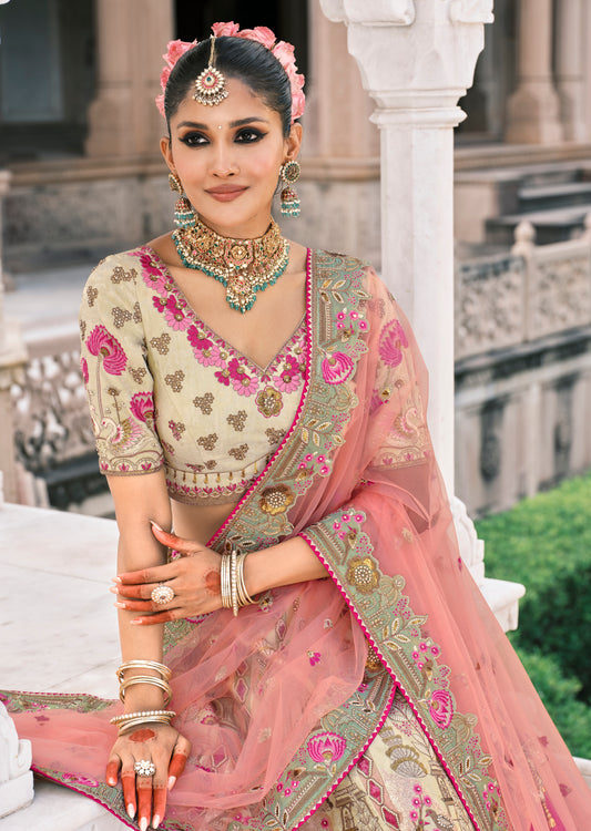 Cream Silk Bridal Lehenga With Zari Embroidery And Stone Work