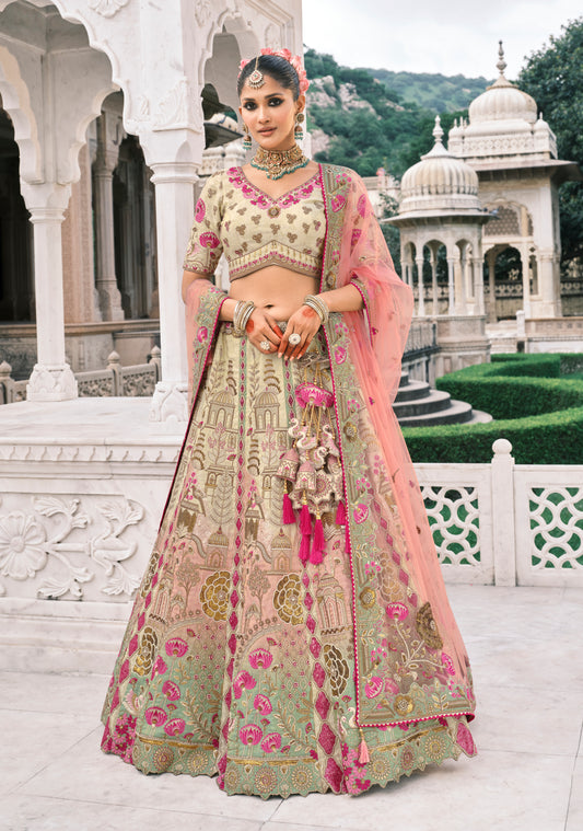 Cream Silk Bridal Lehenga With Zari Embroidery And Stone Work