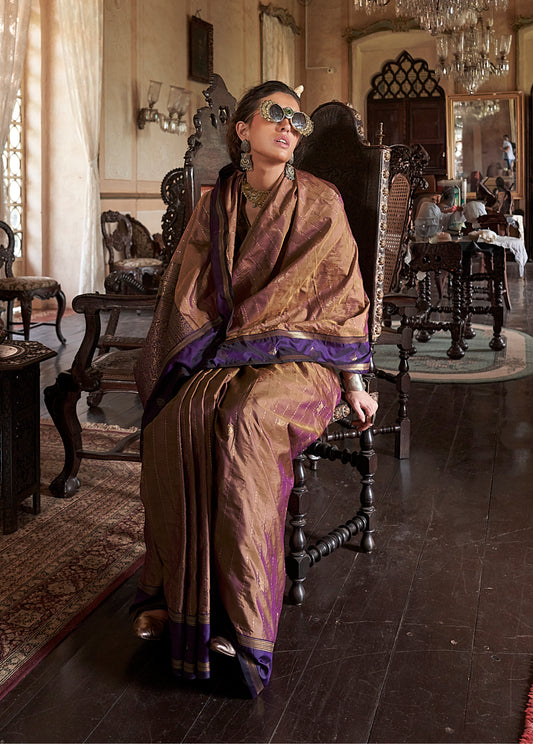Brown Exclusive Tussar Silk With Elegant Weaving Work Traditional Saree