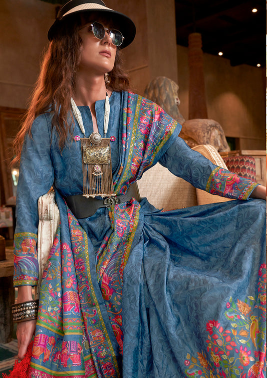 Blue Silk Luxury Print With Glory Finish Ceremonial Saree
