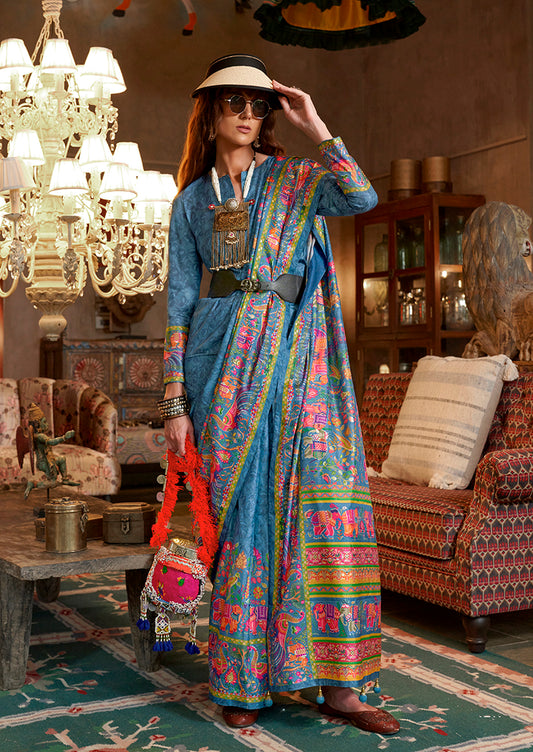 Blue Silk Luxury Print With Glory Finish Ceremonial Saree