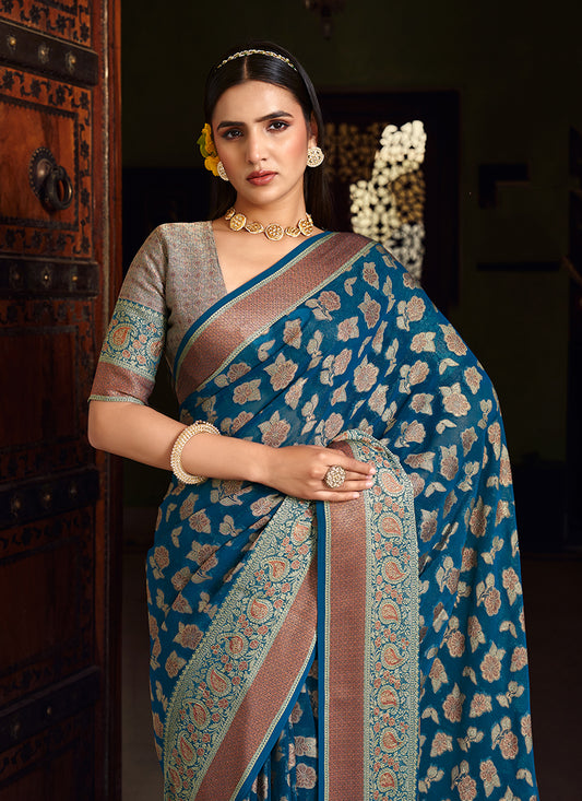 Blue Georgette With Weaving Butta Border Pallu Classic Saree