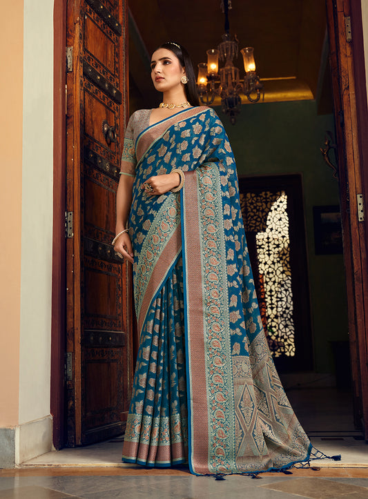 Blue Georgette With Weaving Butta Border Pallu Classic Saree