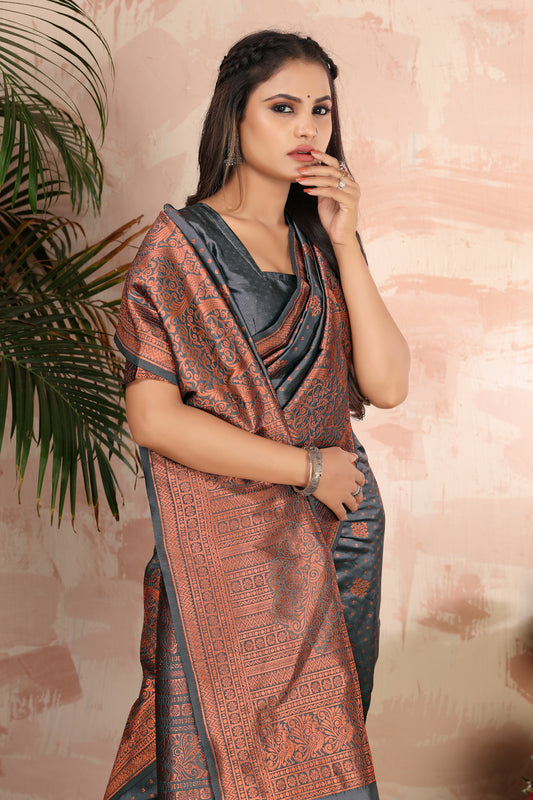 Grey Silk Blend Woven Trendy Saree