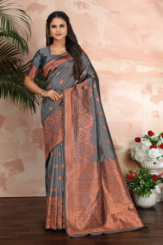 Grey Silk Blend Woven Trendy Saree