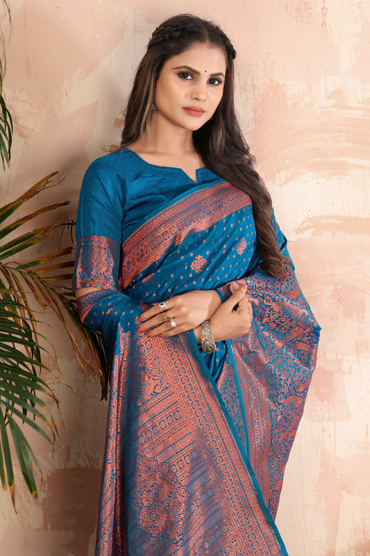 Cobalt Blue Silk Blend Woven Trendy Saree