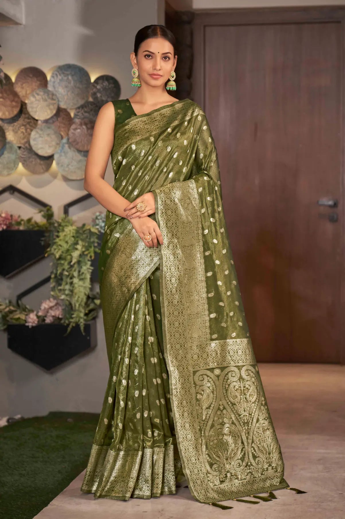 Olive Green Shimmer Silk Woven Work Trending Saree - Monjolika Fashion Olive Green Shimmer Silk Woven Work Trending Saree - Monjolika Fashion